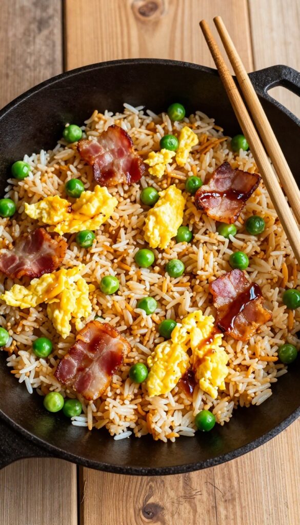 Breakfast fried rice with bacon and peas in a cast-iron skillet