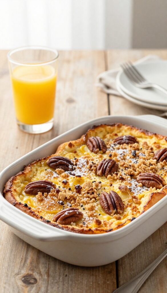 Overnight French toast casserole with pecan topping, served in a baking dish on a wooden table with a glass of orange juice and a mimosa in soft morning light.