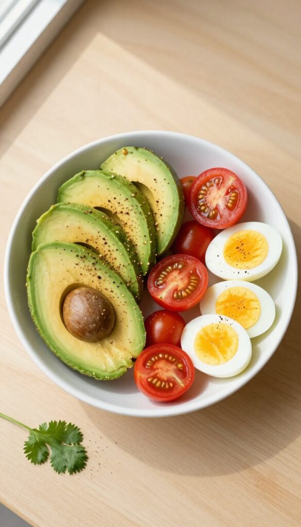 Avocado and egg breakfast bowl with cherry tomatoes and everything bagel seasoning