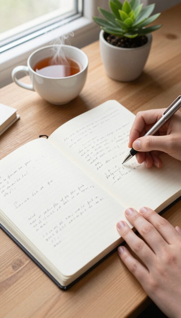 A person writing a brain dump in a notebook on a wooden desk with a cup of tea and a plant, warm natural light, cozy minimalist scene.