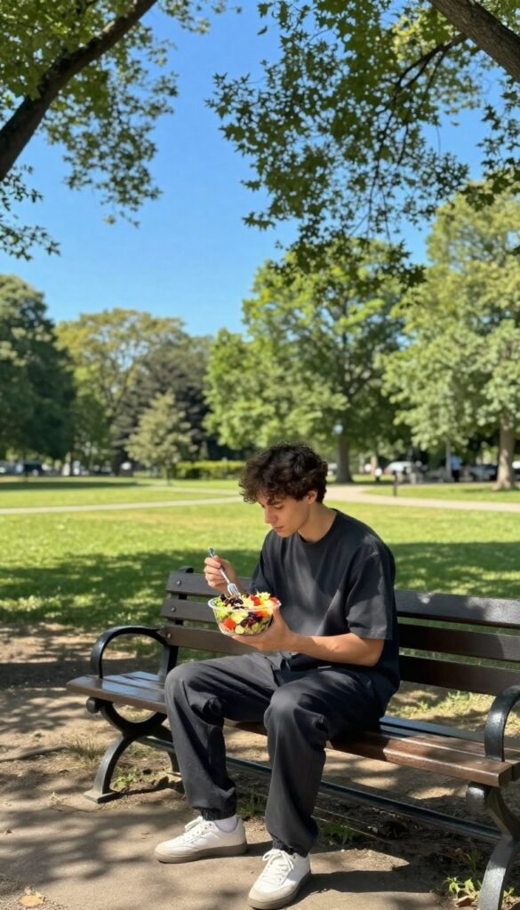 Person enjoying a salad lunch on a park bench in natural sunlight, taking a real break from work.