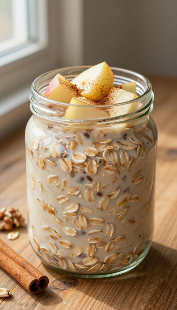 A jar of apple cinnamon steel-cut oats on a wooden table in natural morning light