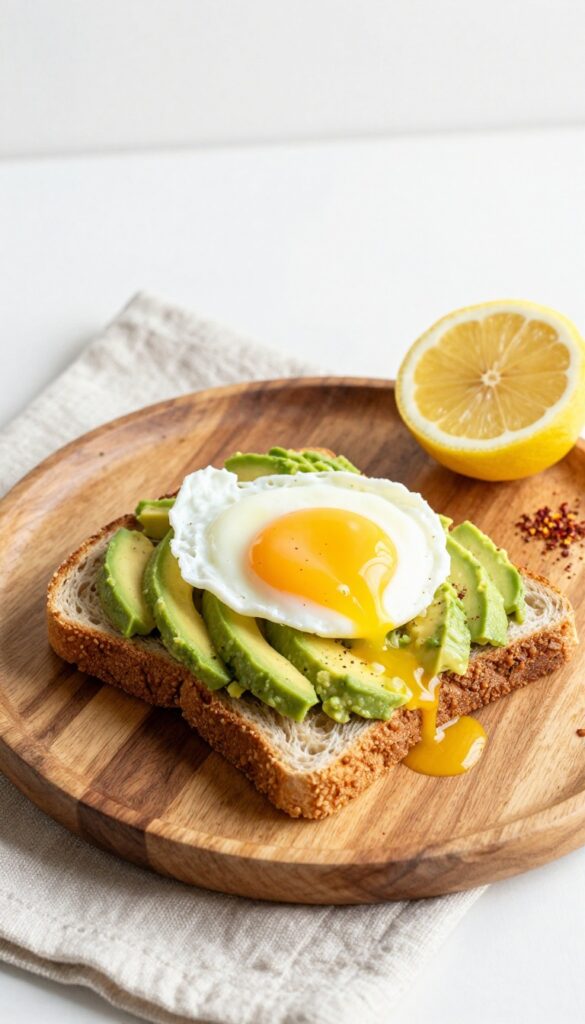 Avocado toast with poached egg on whole-grain bread, ready for a healthy breakfast.