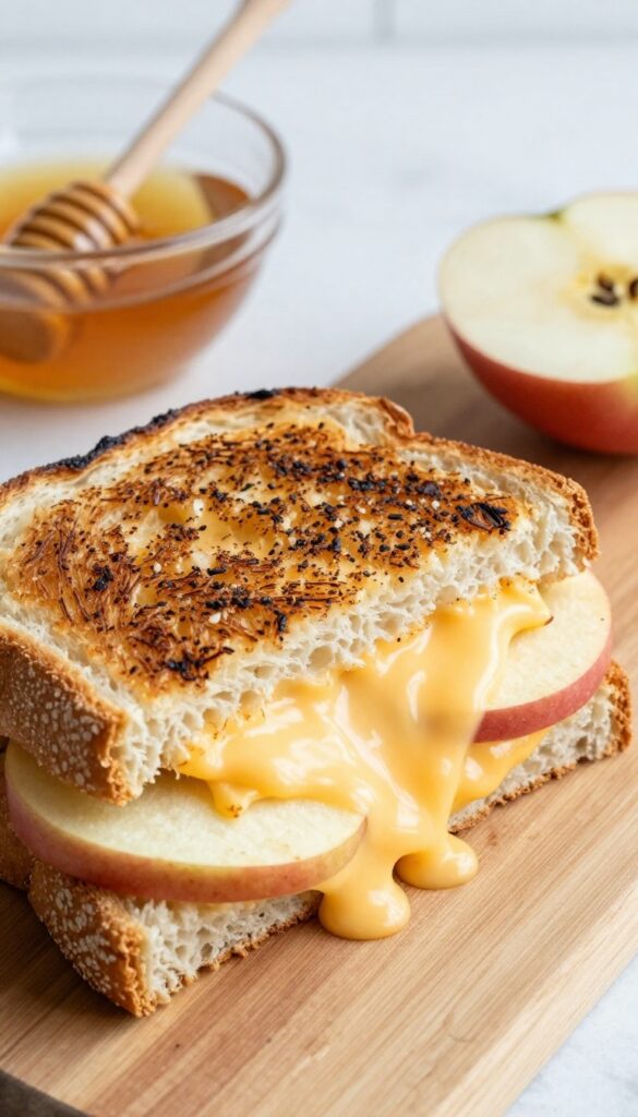 Grilled apple cheddar melt sandwich on sourdough, cut in half, with melted cheese and apple slices, on a wooden board with honey and apple slices.