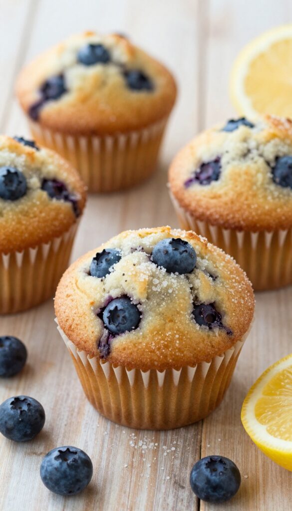 Freshly baked blueberry lemon muffin on a wooden table with blueberries and lemon slice.