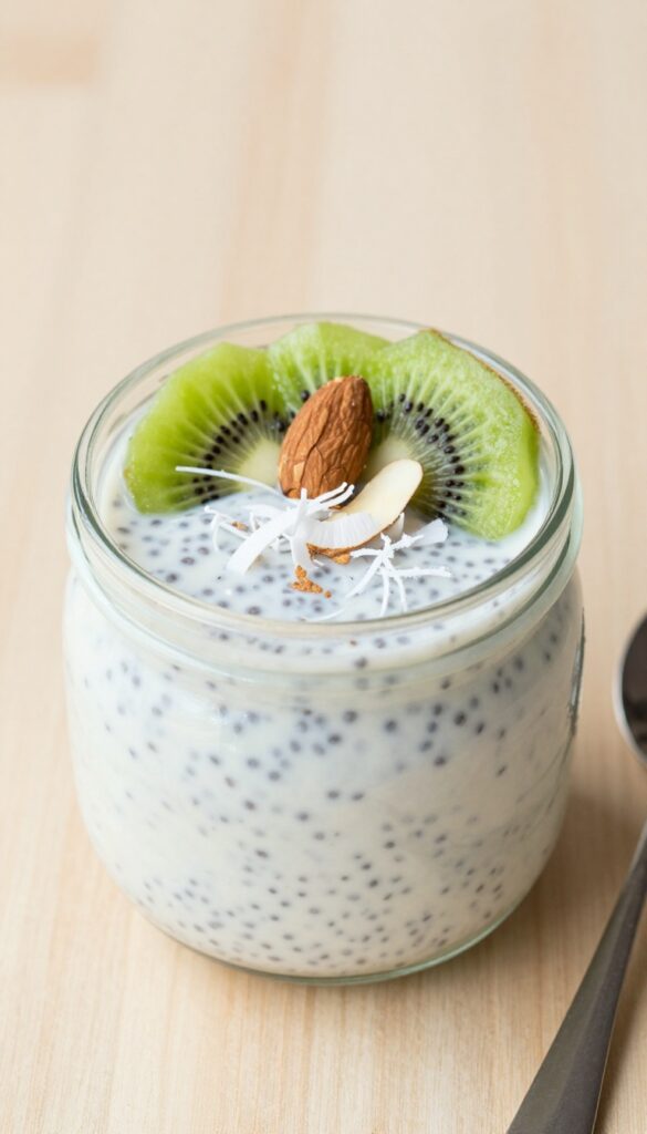 Chia pudding with coconut milk and kiwi in a glass jar on a wooden table