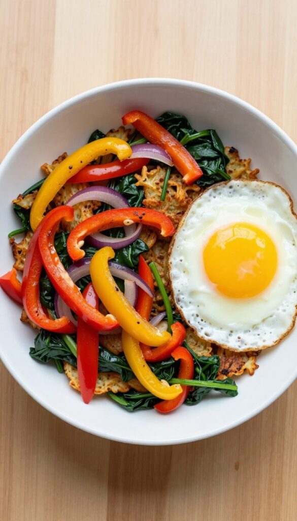 Loaded veggie hash brown bowl with crispy potatoes, sautéed peppers and onions, spinach, and a fried egg.