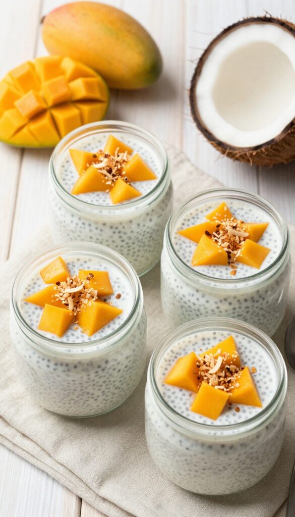 Chia pudding jars with mango and coconut on a wooden table
