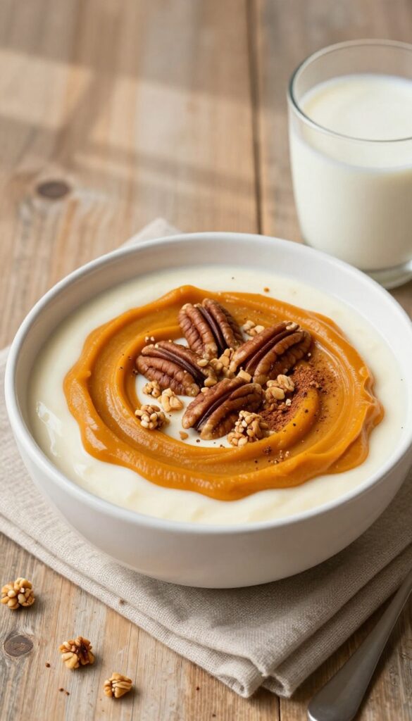 Pumpkin spice yogurt bowl topped with candied pecans and cinnamon on a wooden table.