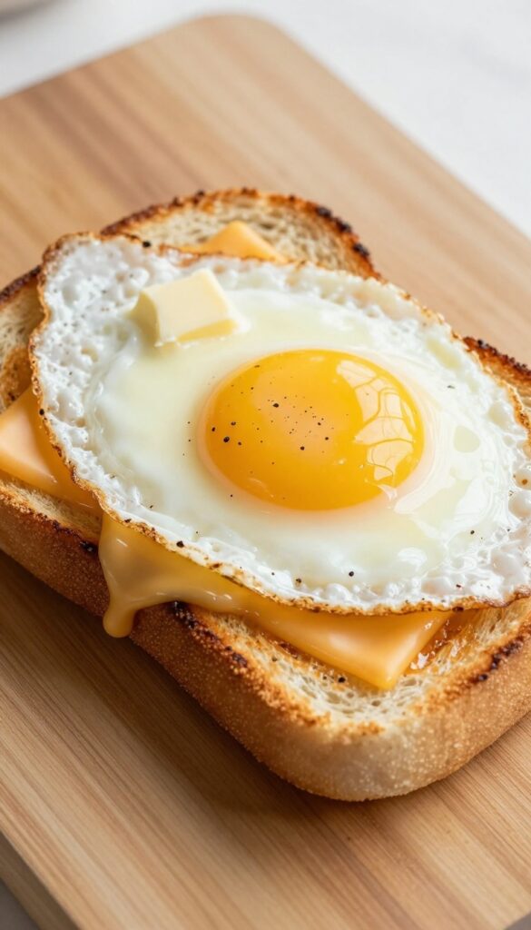 Close-up of a toasted English muffin with melted cheese and a fried egg with runny yolk on a wooden board