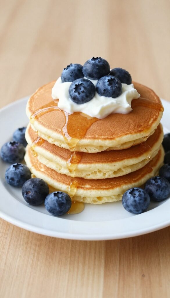 Stack of fluffy cottage cheese pancakes with blueberries and yogurt