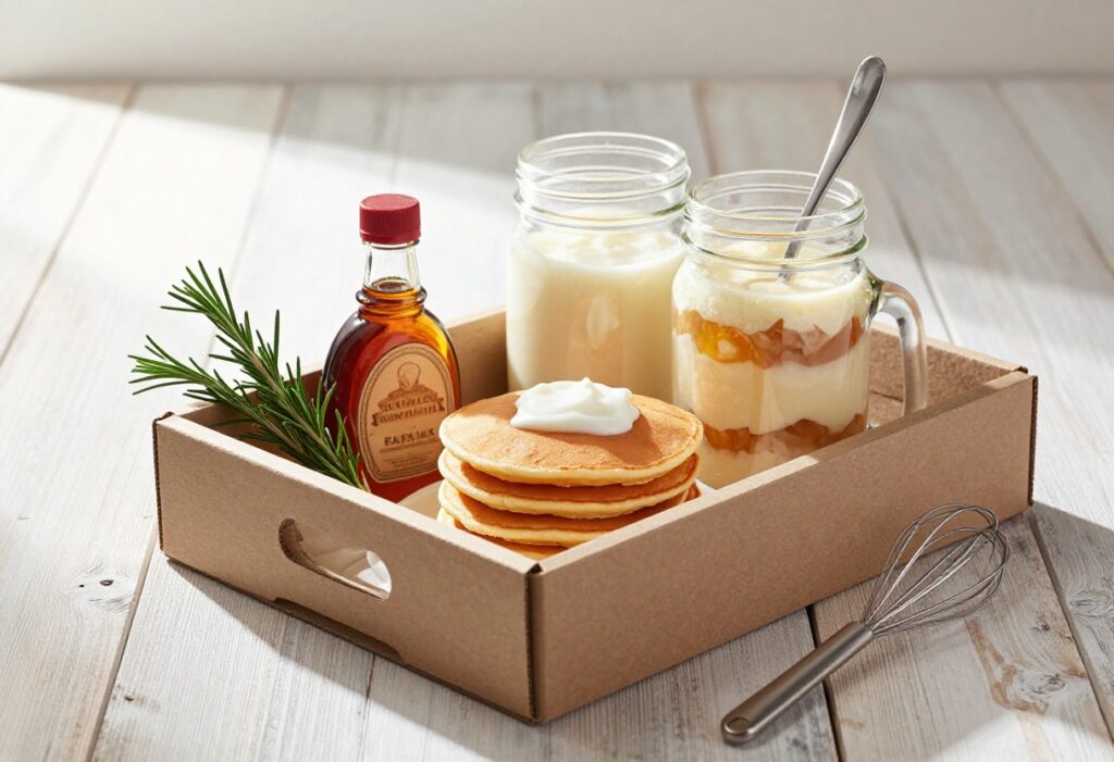 Breakfast box gift with pancake mix in a jar, maple syrup, and whisk on a wooden table.