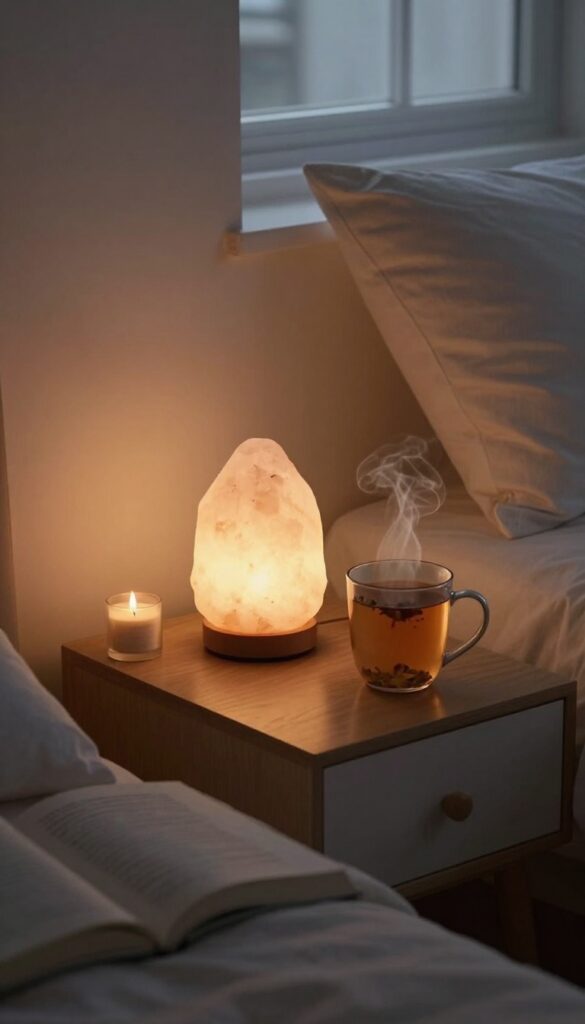 Cozy wind-down ritual with tea, book, candle, and salt lamp in bedroom