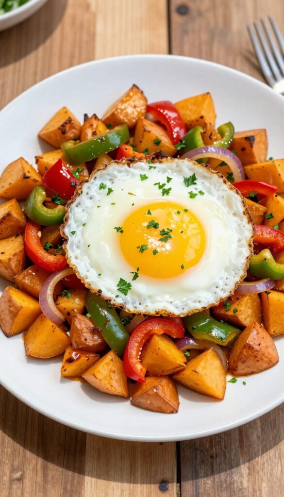 Sweet potato hash with fried egg on a plate, garnished with parsley, on a wooden table in natural light.
