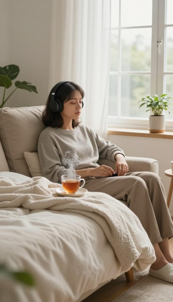 Person relaxing in a cozy chair with headphones, listening to calming music in a sunlit room.