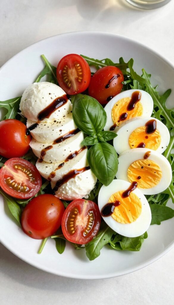 Caprese breakfast salad with arugula, cherry tomatoes, mozzarella pearls, soft-boiled egg, and balsamic drizzle on a white plate.