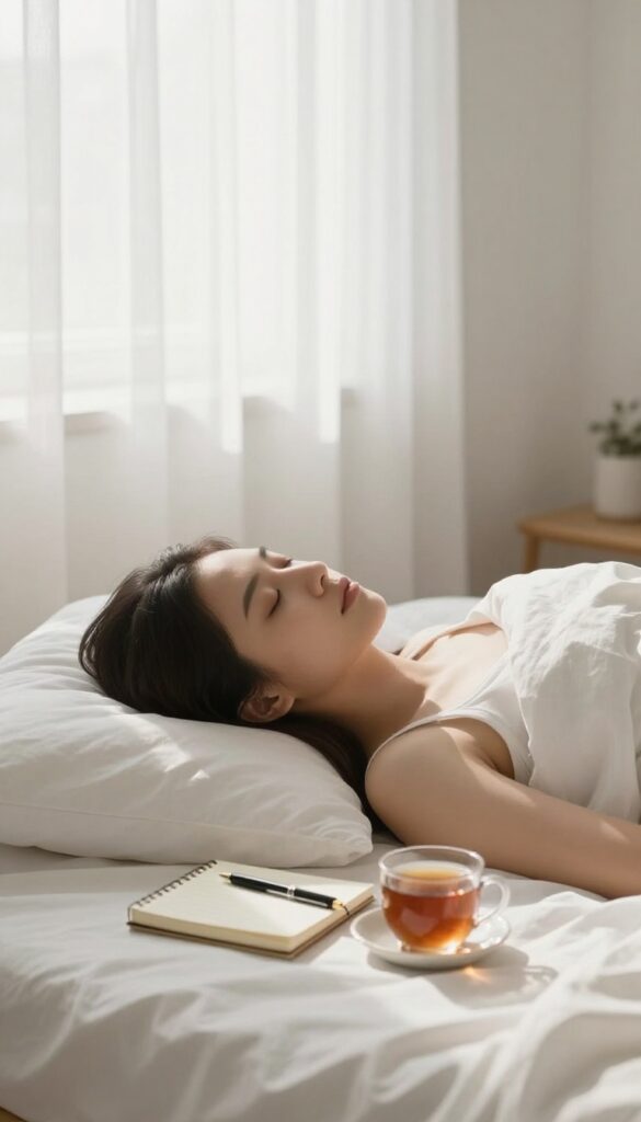 Person in bed at dusk recalling a positive moment before sleep, with notebook and tea on bedside table