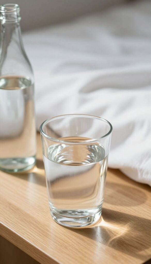 A glass of water on a bedside table in the morning light
