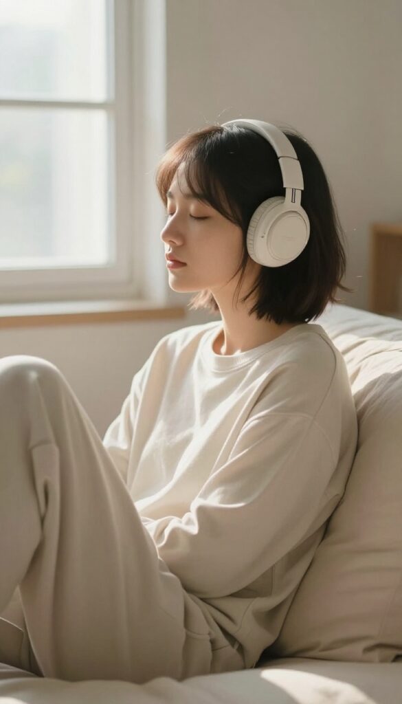 Person listening to music with headphones by a sunlit window, mood reset self-care