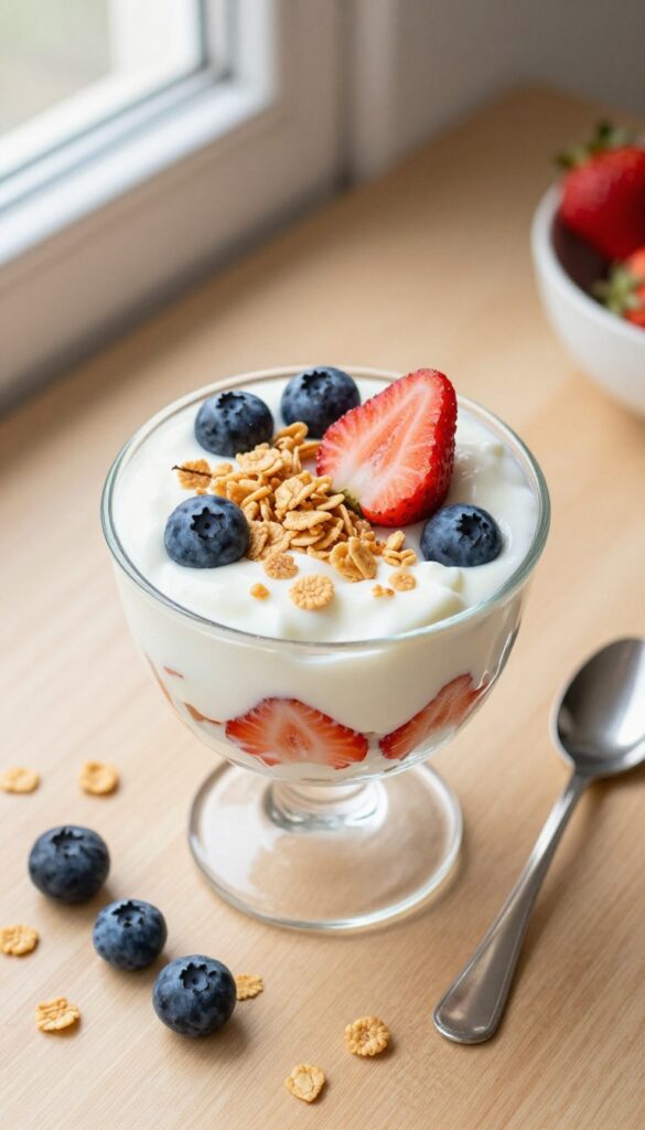 Yogurt parfait with berries and crunchy cereal in a clear glass cup on a wooden table.