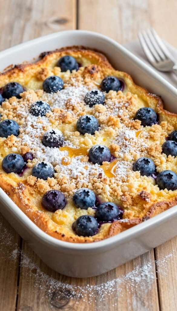 Overnight blueberry French toast casserole with streusel topping in a baking dish