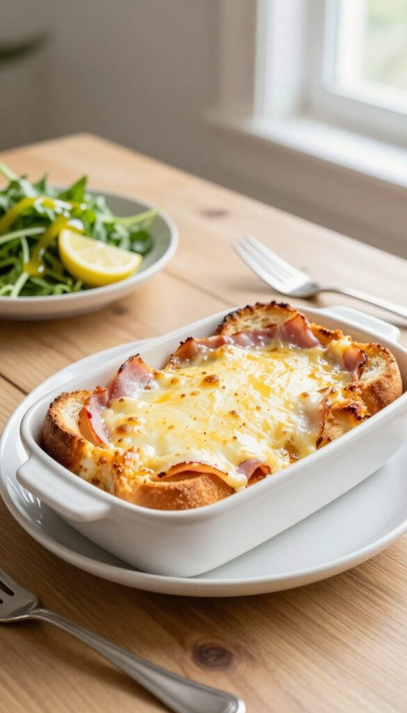 Croque Monsieur casserole with melted cheese and ham layers