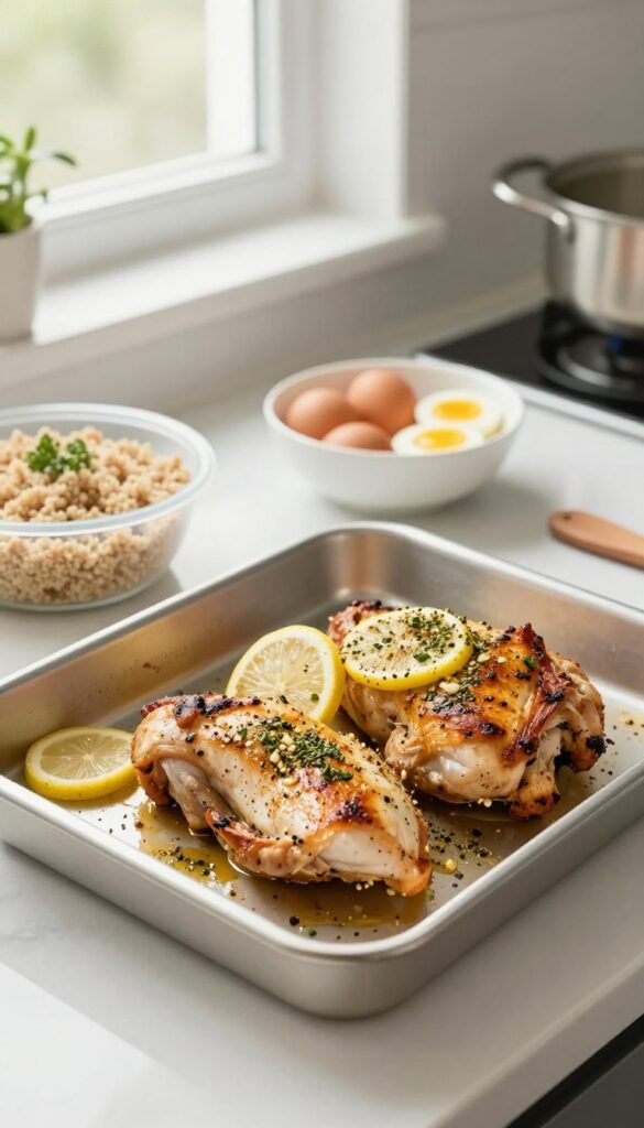 Batch cooking chicken, eggs, and quinoa on a kitchen countertop for efficient meal prep.