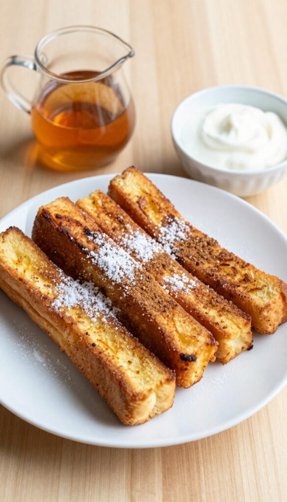Cinnamon French toast sticks on a plate with yogurt, applesauce, and maple syrup for dipping.
