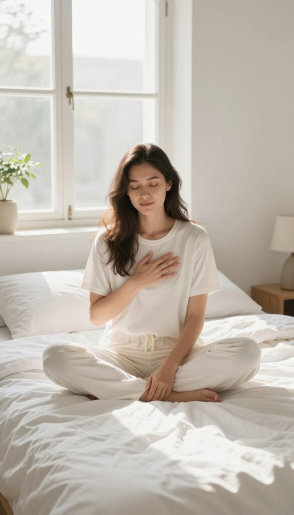 Woman sitting on bed practicing gratitude by placing hand on heart