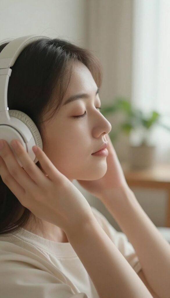 Person listening to music with headphones, eyes closed, in a cozy room with natural light