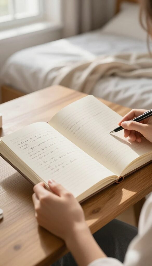 Woman journaling in a cozy bedroom with soft morning light