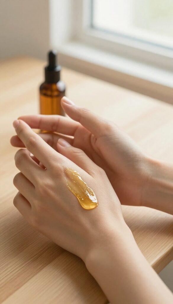 Woman massaging lotion into her hands in warm natural light, minimalist decor