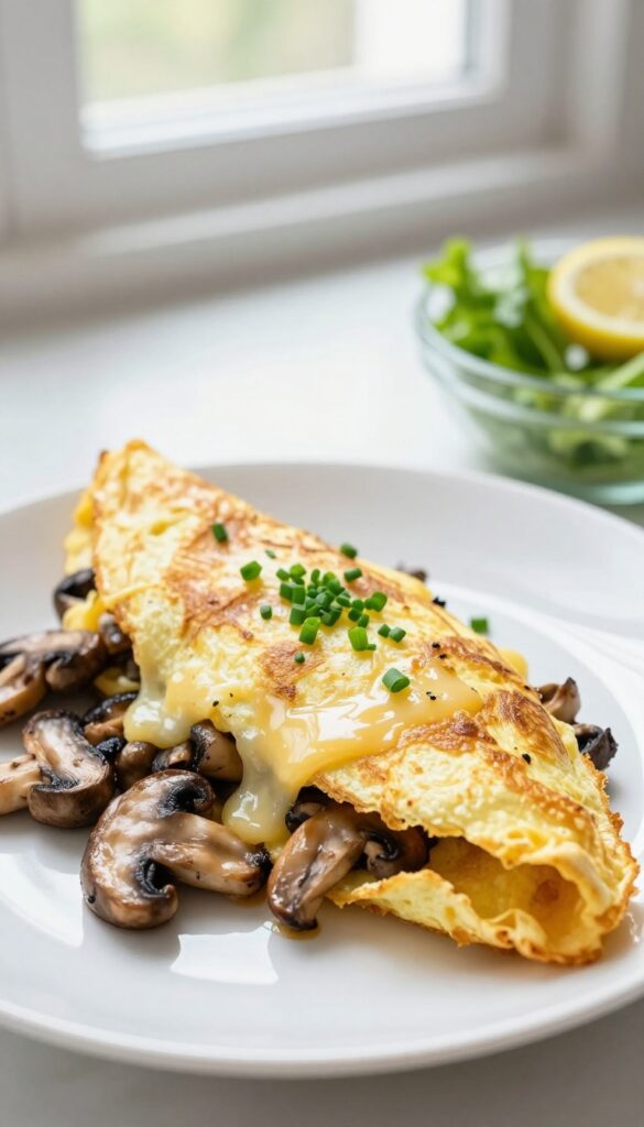 Mushroom and Swiss omelette on a plate, garnished with chives, with a side salad in the background.