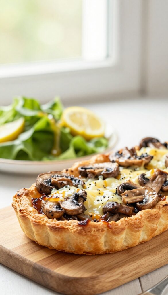 Mushroom and Gruyère puff pastry tart on a wooden board with a side salad