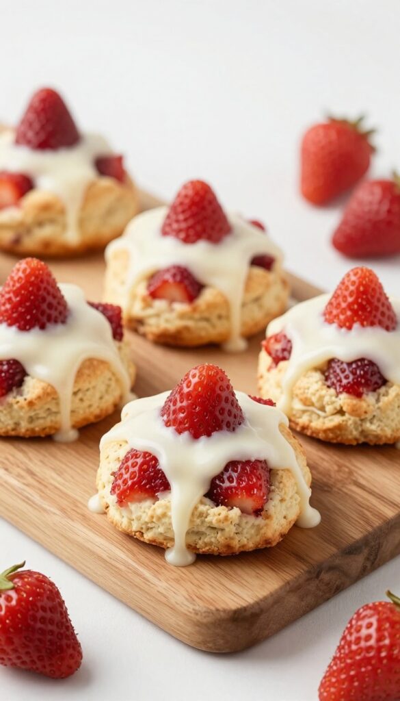 Freshly baked strawberry scones with white glaze on a wooden board