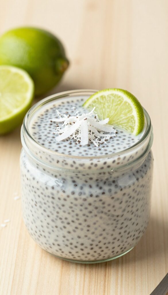 Chia seed pudding with coconut and lime in a glass jar