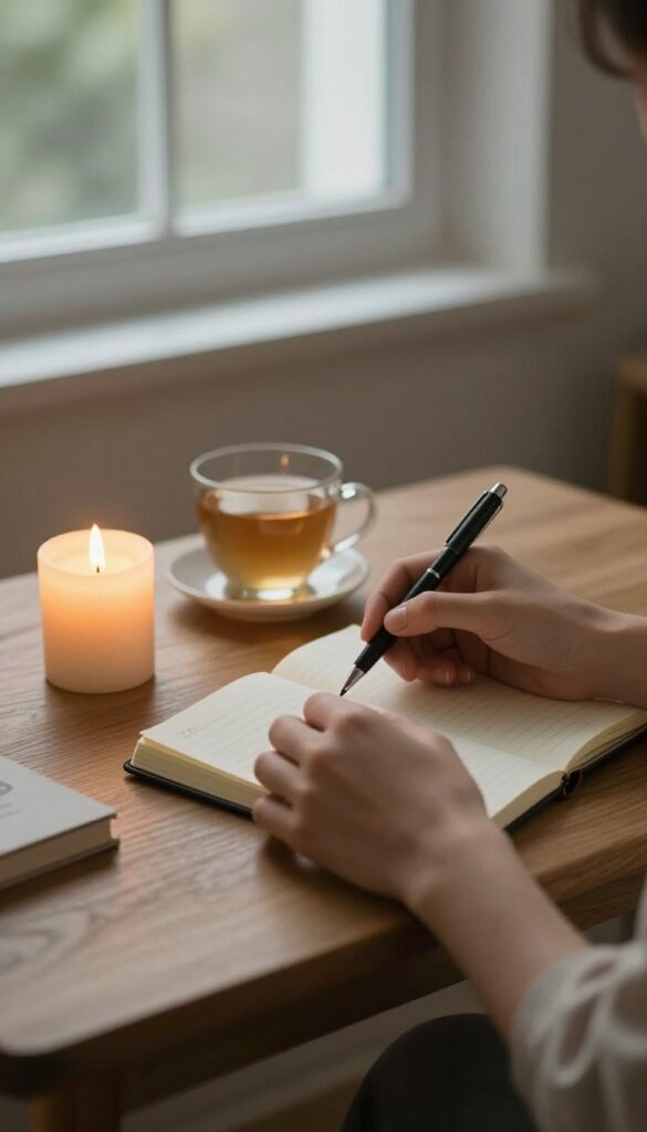 A person writing in a gratitude journal by candlelight in a cozy room