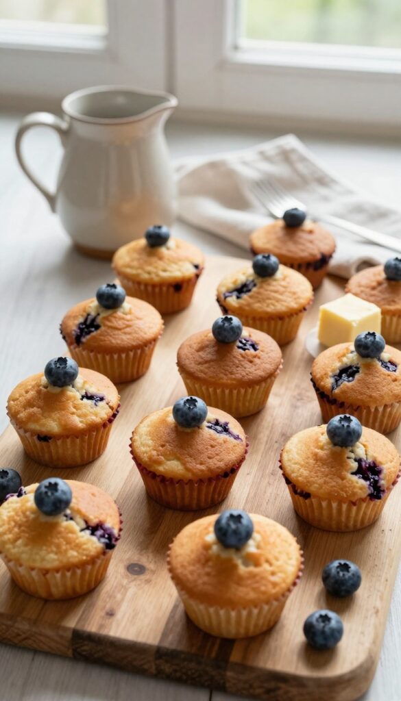 Blueberry pancake muffins on a wooden board with maple syrup and butter