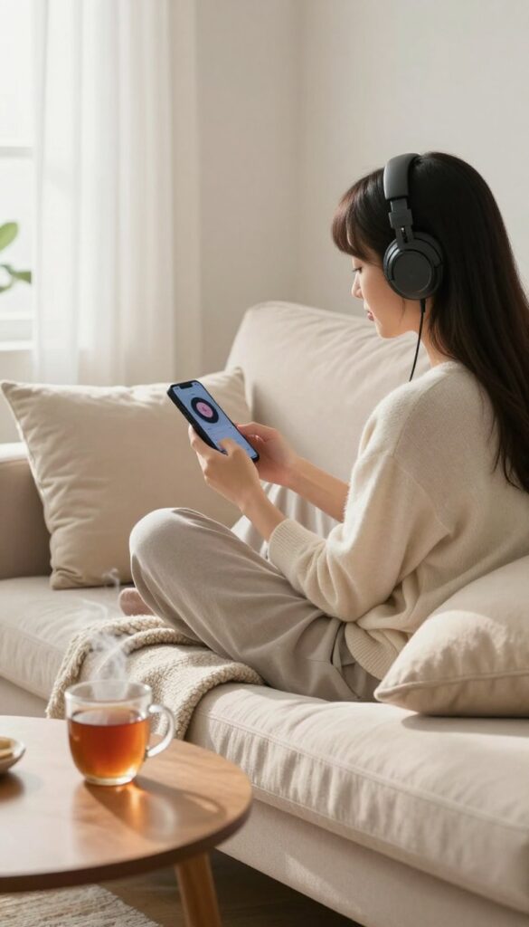 Person listening to music on headphones in a cozy living room