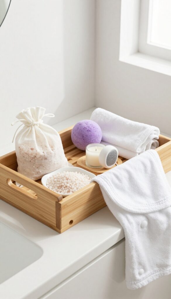 A self care gift basket for bath time with bath bomb, Epsom salts, bamboo tray, candle, speaker, and washcloth on a bathroom counter.
