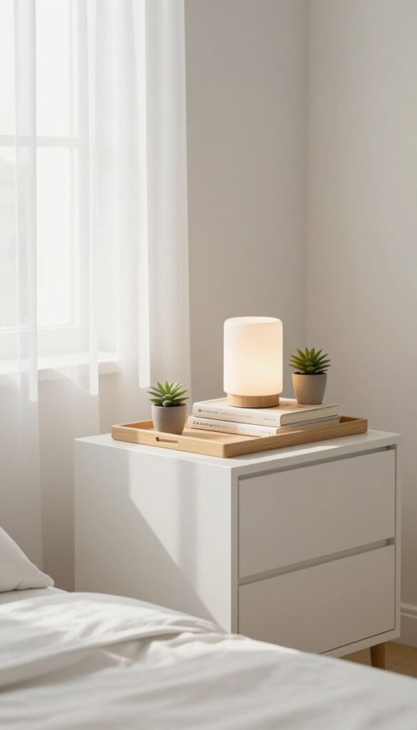 Clean minimalist nightstand with lamp, books, and plant in soft morning light