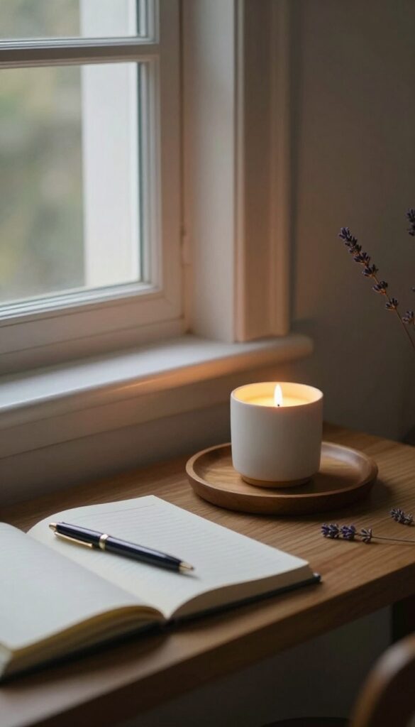 Evening gratitude ritual with a candle on a tray, journal and pen beside it, cozy bedroom corner