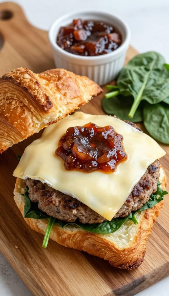 Bacon jam and brie burger on a croissant bun with spinach