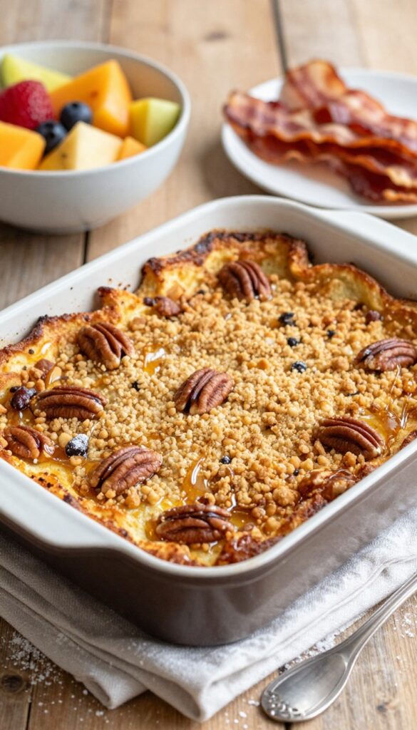 French toast casserole with maple pecan crunch, served on a wooden table with fresh fruit and bacon