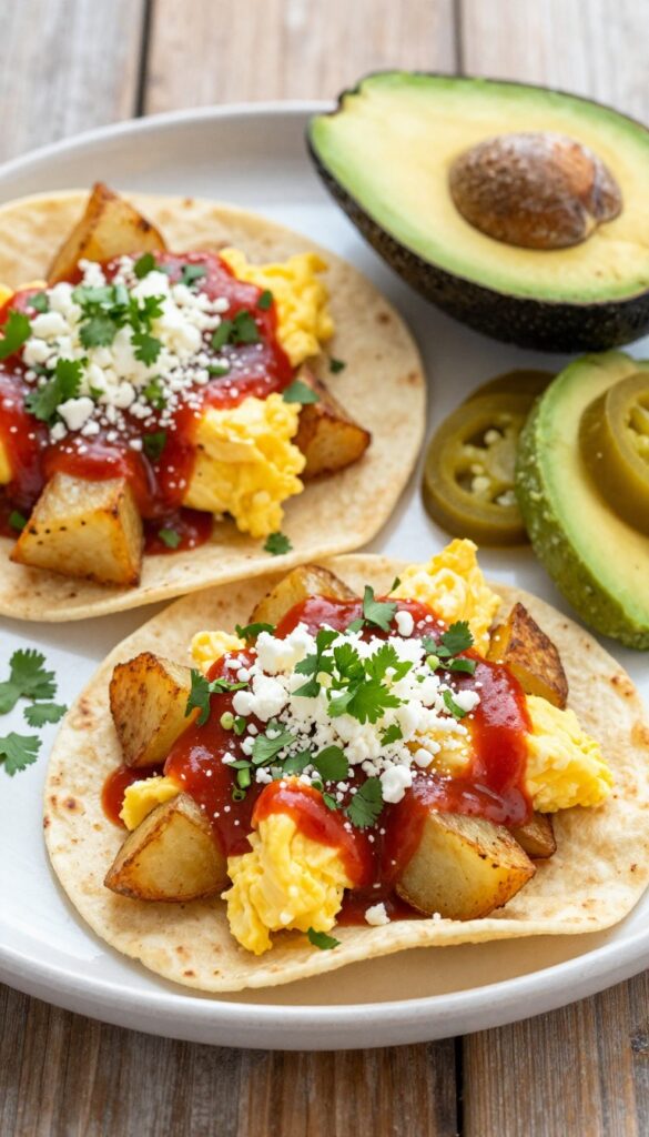 Spicy potato breakfast tacos with crispy potatoes, scrambled eggs, hot sauce, and fresh toppings on a wooden table.