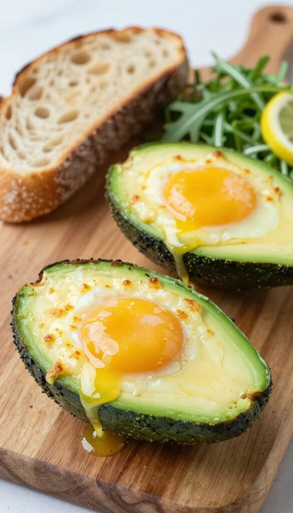 Baked eggs in avocado halves topped with melted Gruyère cheese, served with sourdough toast and arugula salad.