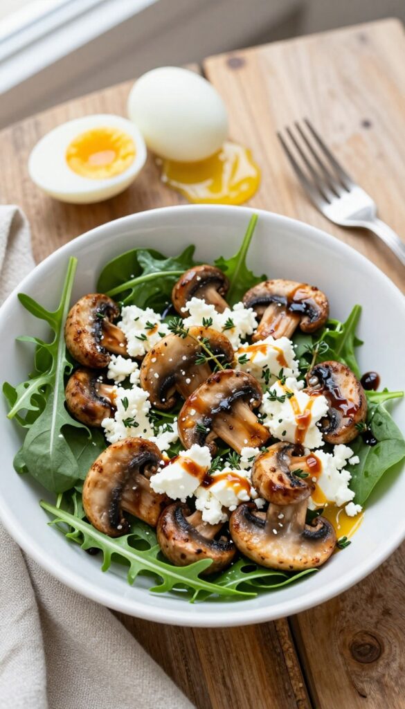 Mushroom and thyme breakfast salad with goat cheese and balsamic glaze in a bowl