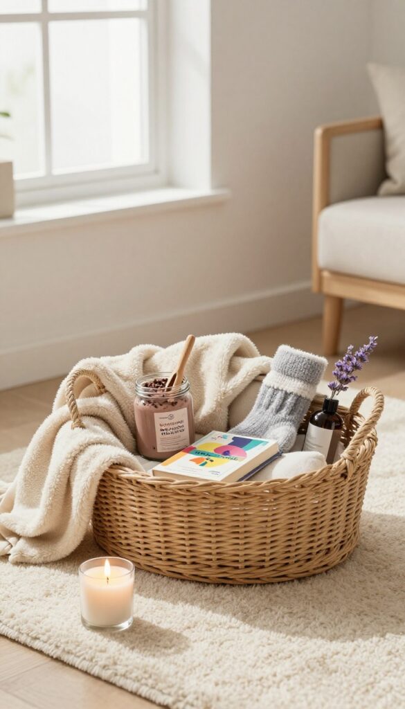 Cozy night in basket with blanket, book, hot cocoa, socks, and lavender spray on a rug in a bright living room