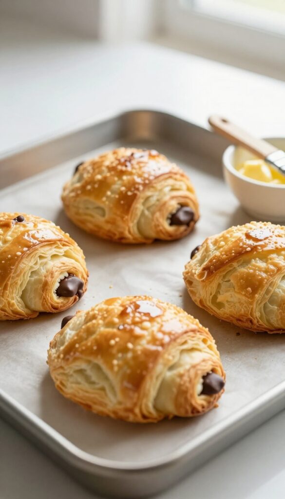 Freshly baked pain au chocolat pastries on a baking sheet with melted butter and brush nearby