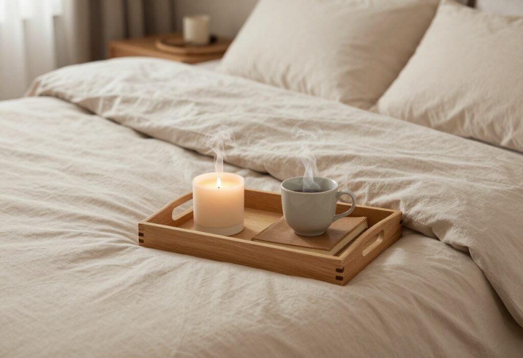 Cozy bedroom with self-care items like a candle, tea, and a book on a tray